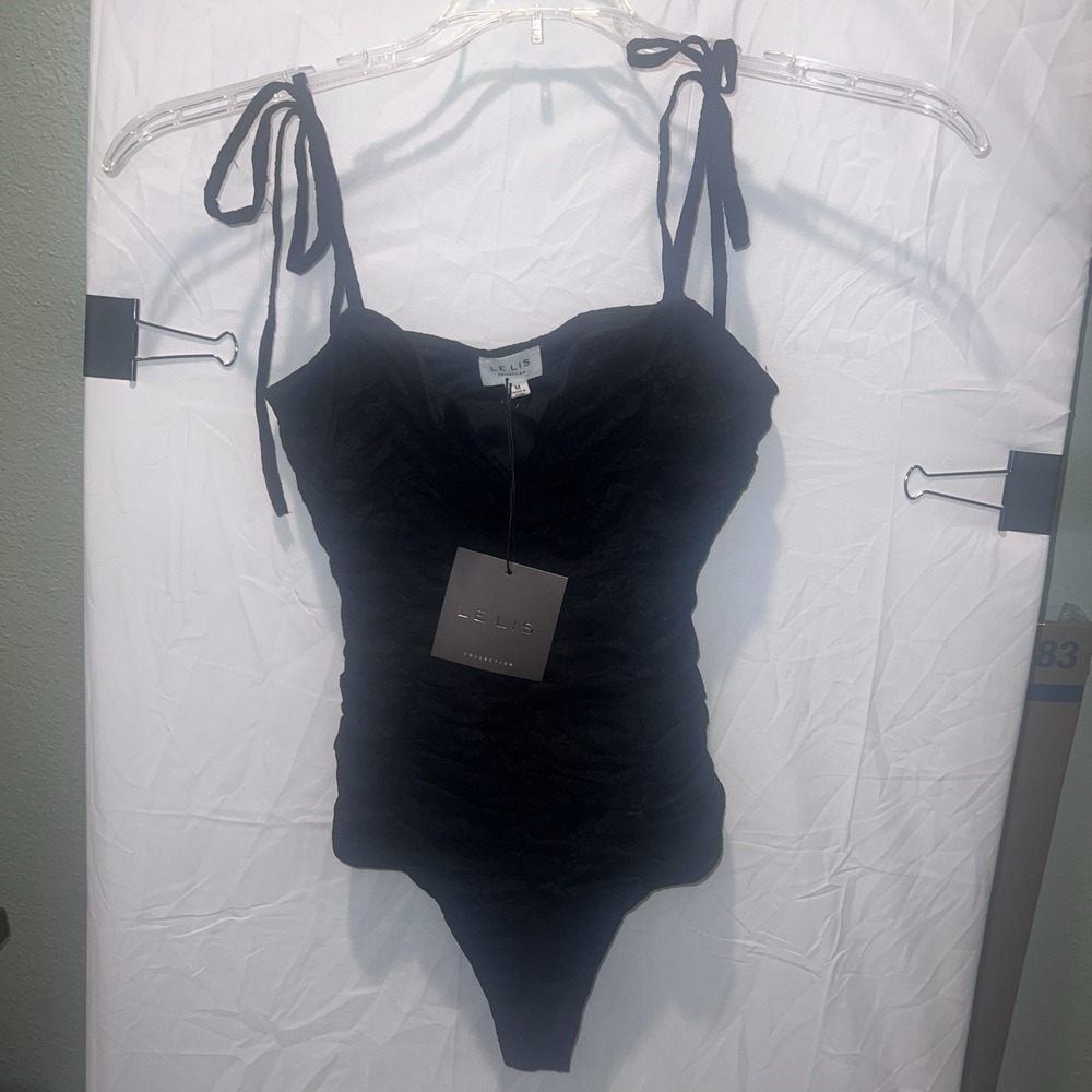 Le Lis Elegant Black Thong Bodysuit with Tie Straps, New w/ Tags Whimsigoth Dark